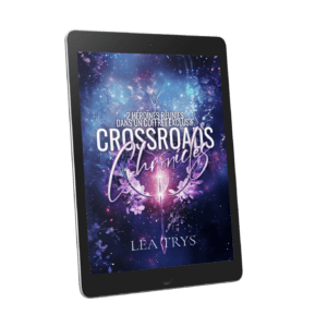 Couverture du bundle Crossroads Chronicles sur une liseuse, réunissant Les Chroniques de Crimson et Holly Alloways, deux romans d’urban fantasy par Léa Trys.