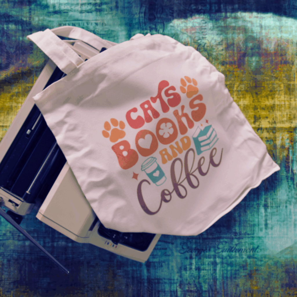 Tote-bag blanc imprimé “Cats, books and coffee”, accessoire lectrice — Verso