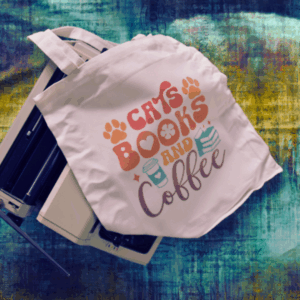 Tote-bag blanc imprimé “Cats, books and coffee”, accessoire lectrice — Verso